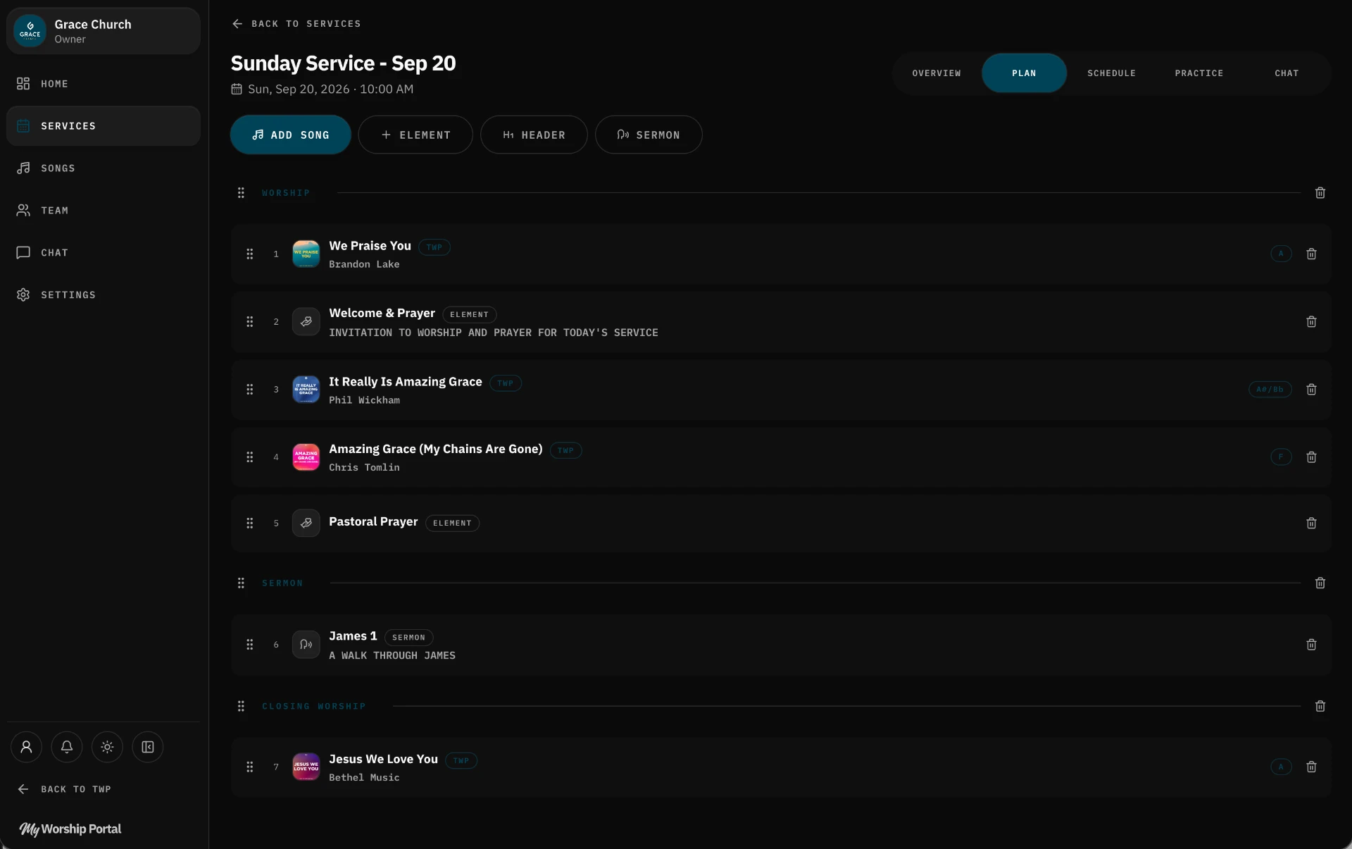 The My Worship Portal service plan with songs, elements and team assignments