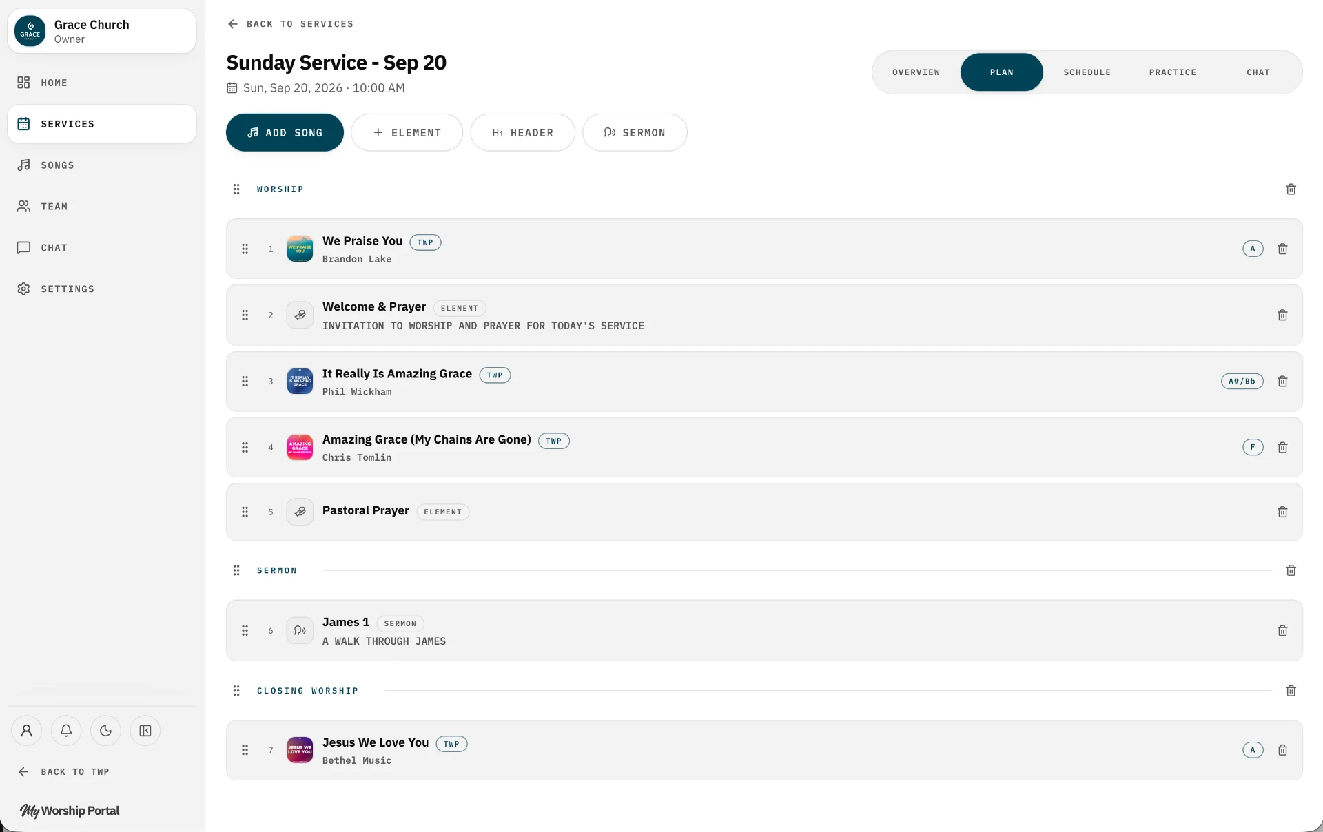 The My Worship Portal service plan with songs, elements and team assignments