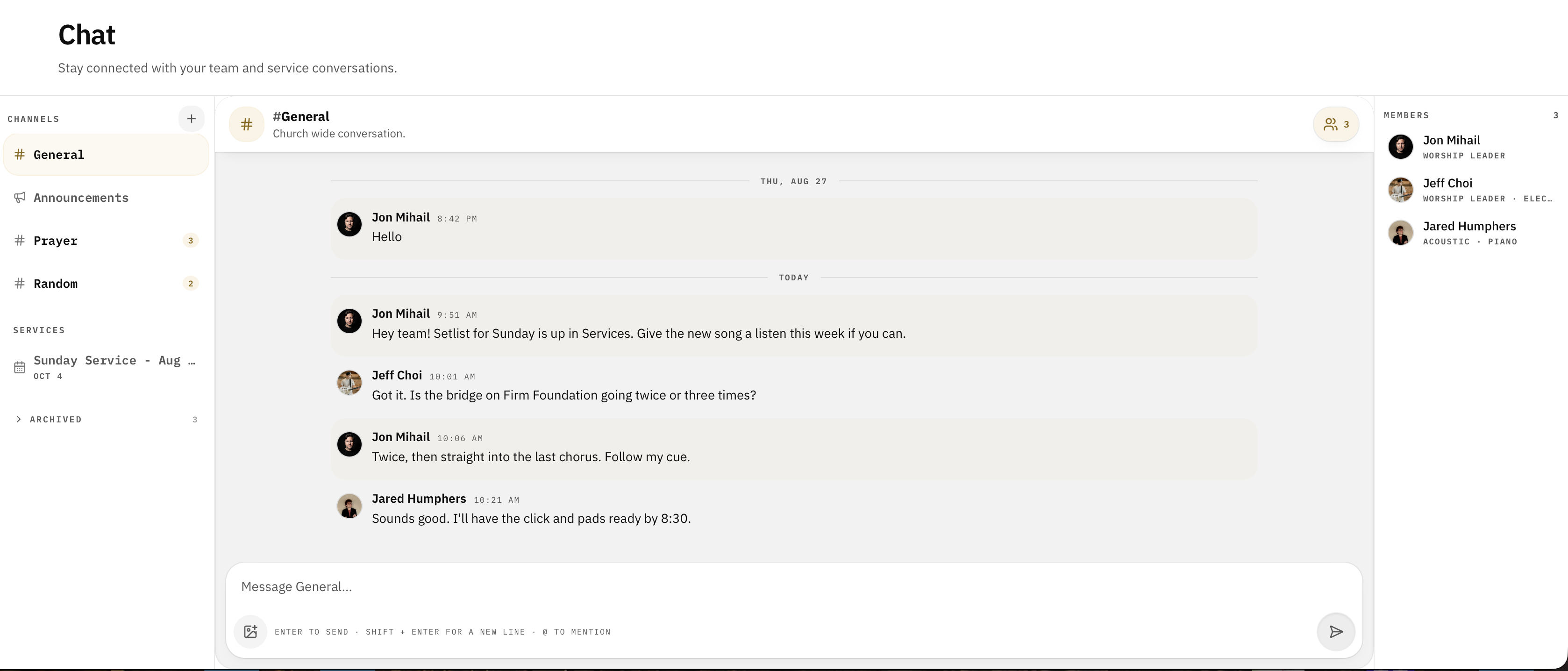 Worship team chat inside My Worship Portal with channels and messages between team members.