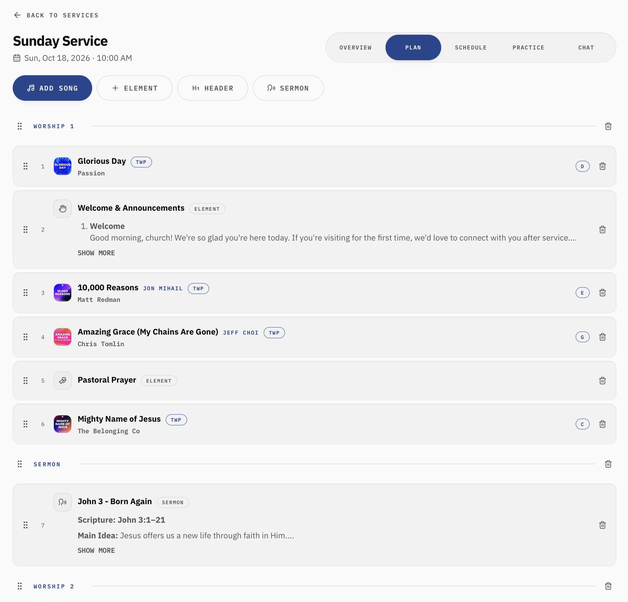My Worship Portal Plan tab displaying a customizable worship service setlist with songs, announcements, pastoral prayer, sermon notes, section headers, and drag handles for rearranging items.
