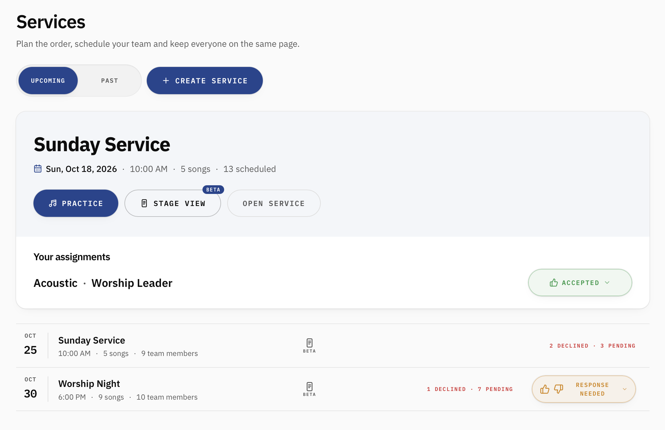 My Worship Portal Services page showing an upcoming Sunday service, personal worship team assignments, additional services, and scheduling responses.