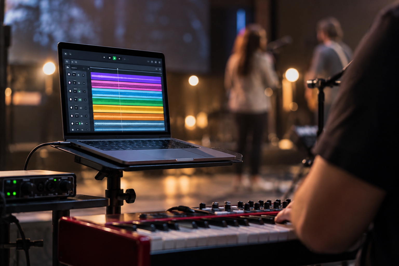 Laptop running worship multitracks beside a keyboard in a church worship setup.