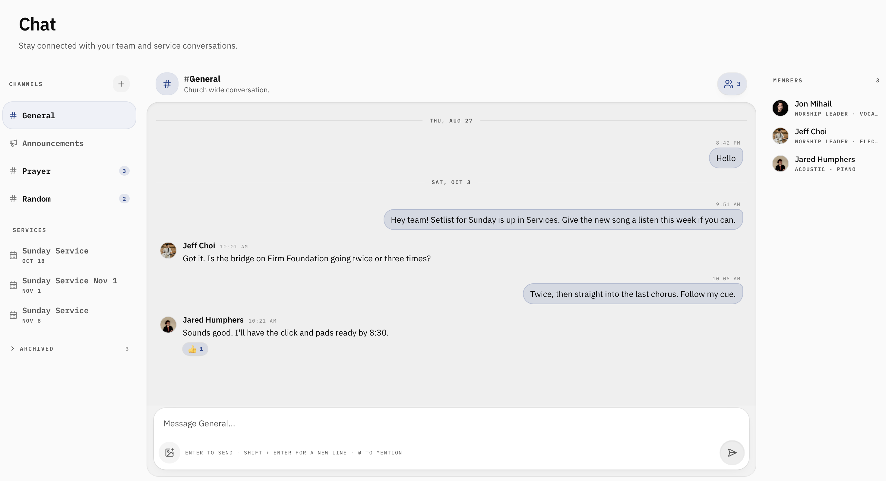 Worship team chat inside My Worship Portal with channels and messages between team members.