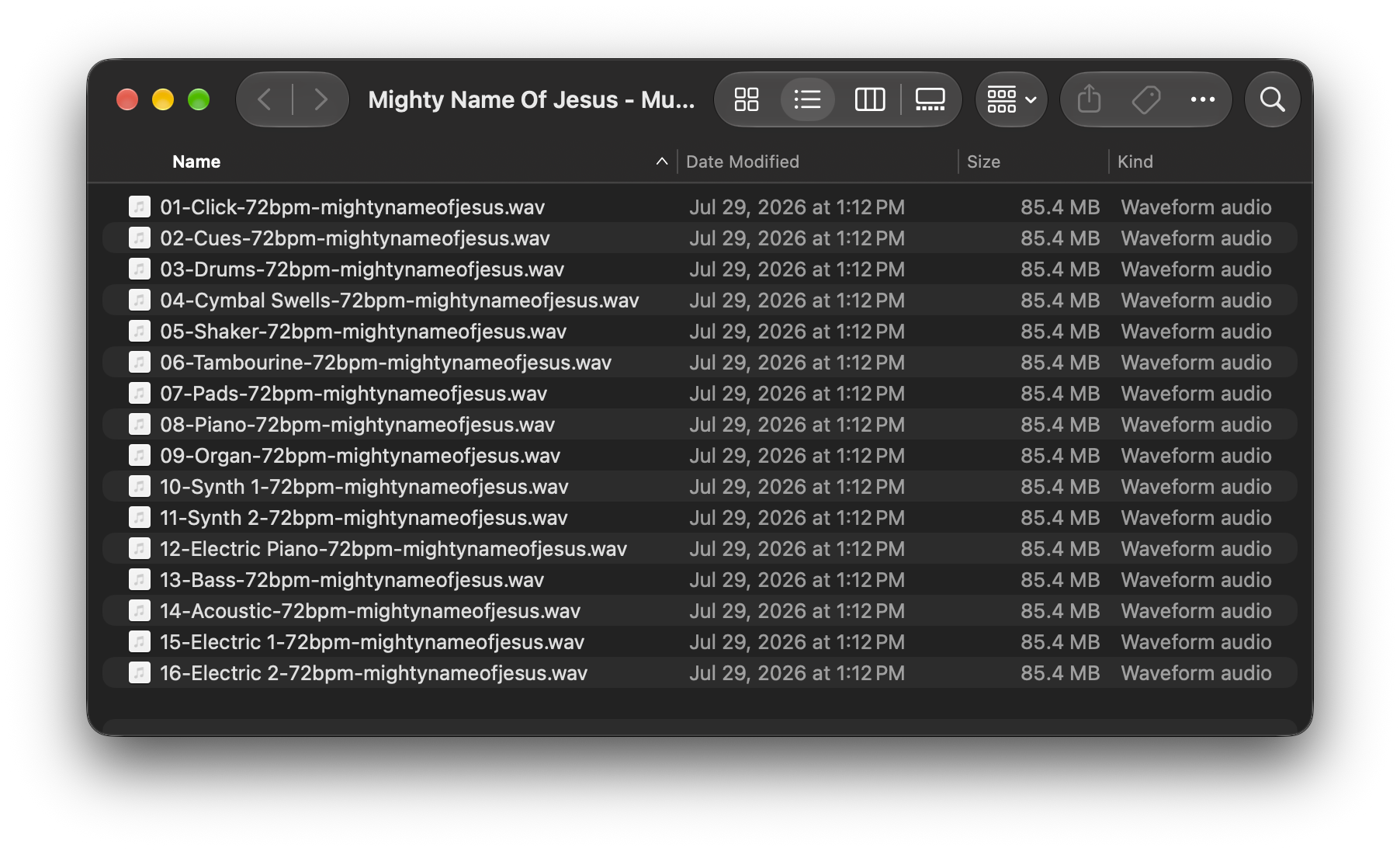Finder window showing separate WAV files for a worship multitrack, including click, cues, drums, percussion, keys, bass, acoustic guitar, and electric guitars.