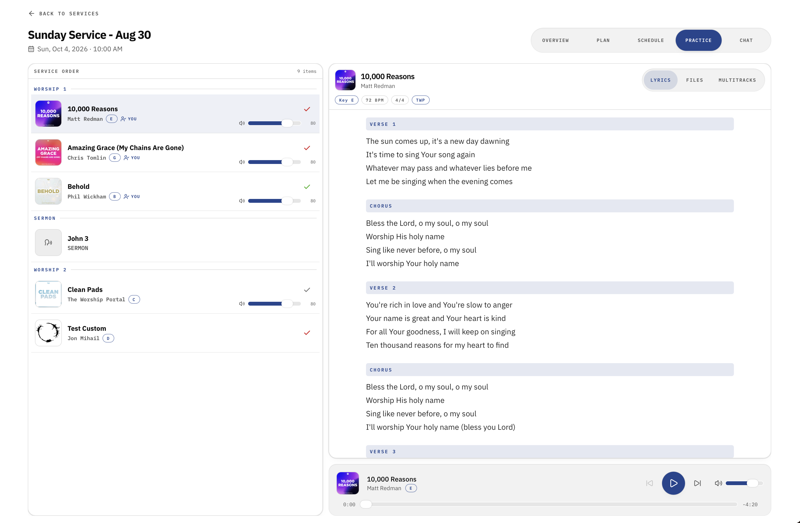 Worship service plan in My Worship Portal showing a setlist and lyrics.