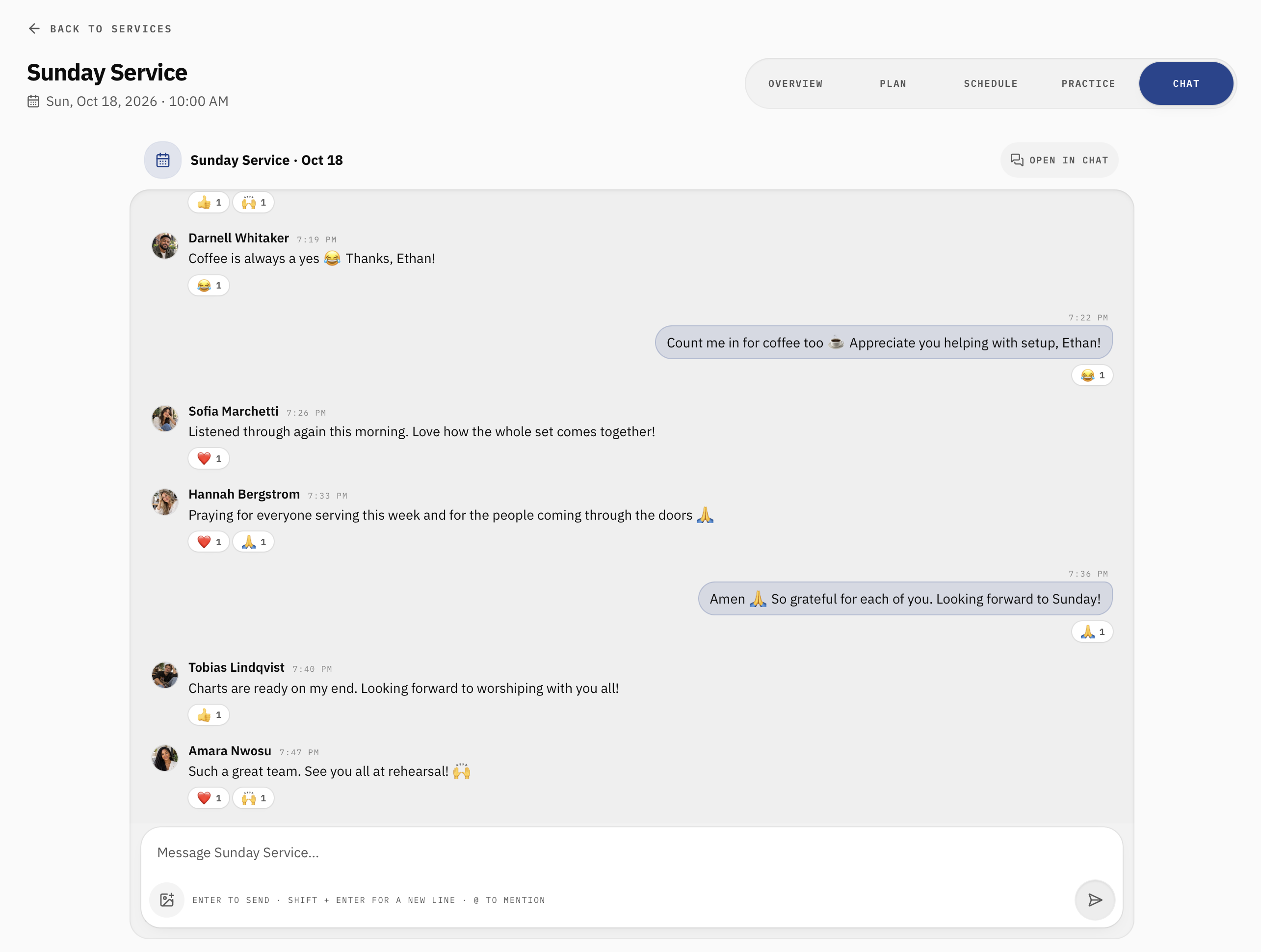 My Worship Portal Chat tab showing a dedicated Sunday service conversation with message history, a text entry field, and an option to open the conversation in the main Chat section.