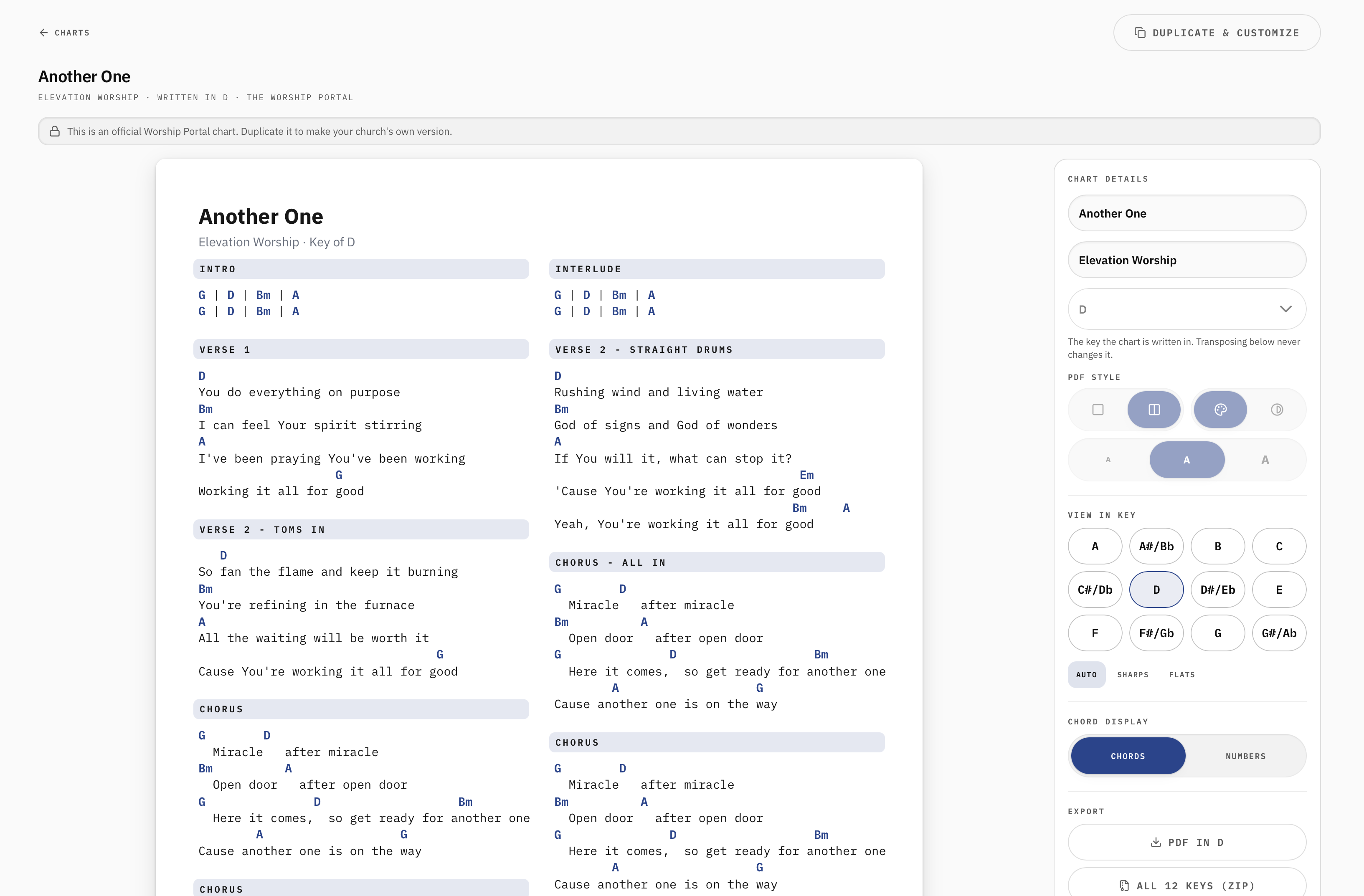 Chord Chart Builder in My Worship Portal showing lyrics and chords for a worship song.