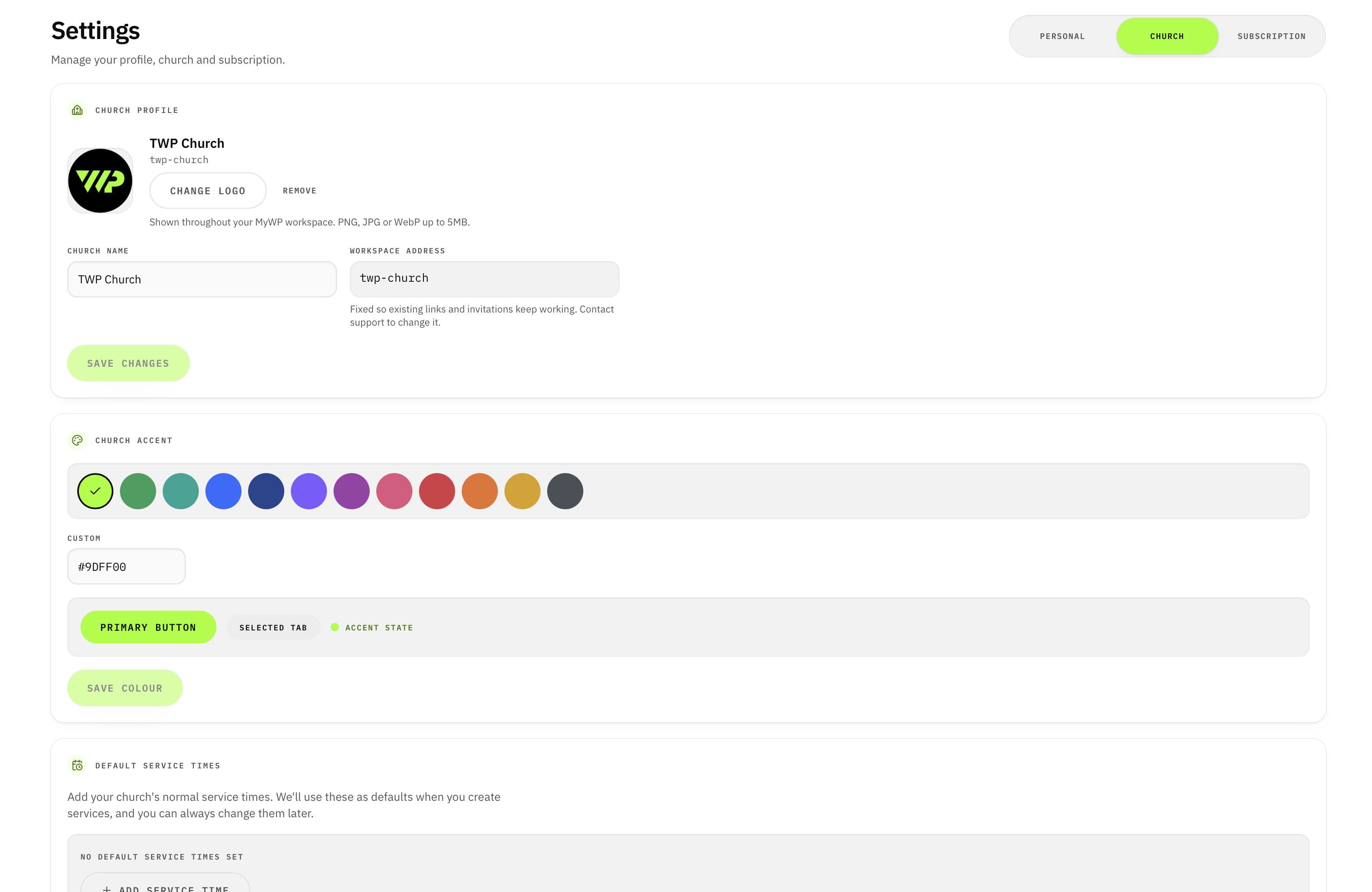 Settings screen for managing a church workspace in My Worship Portal.