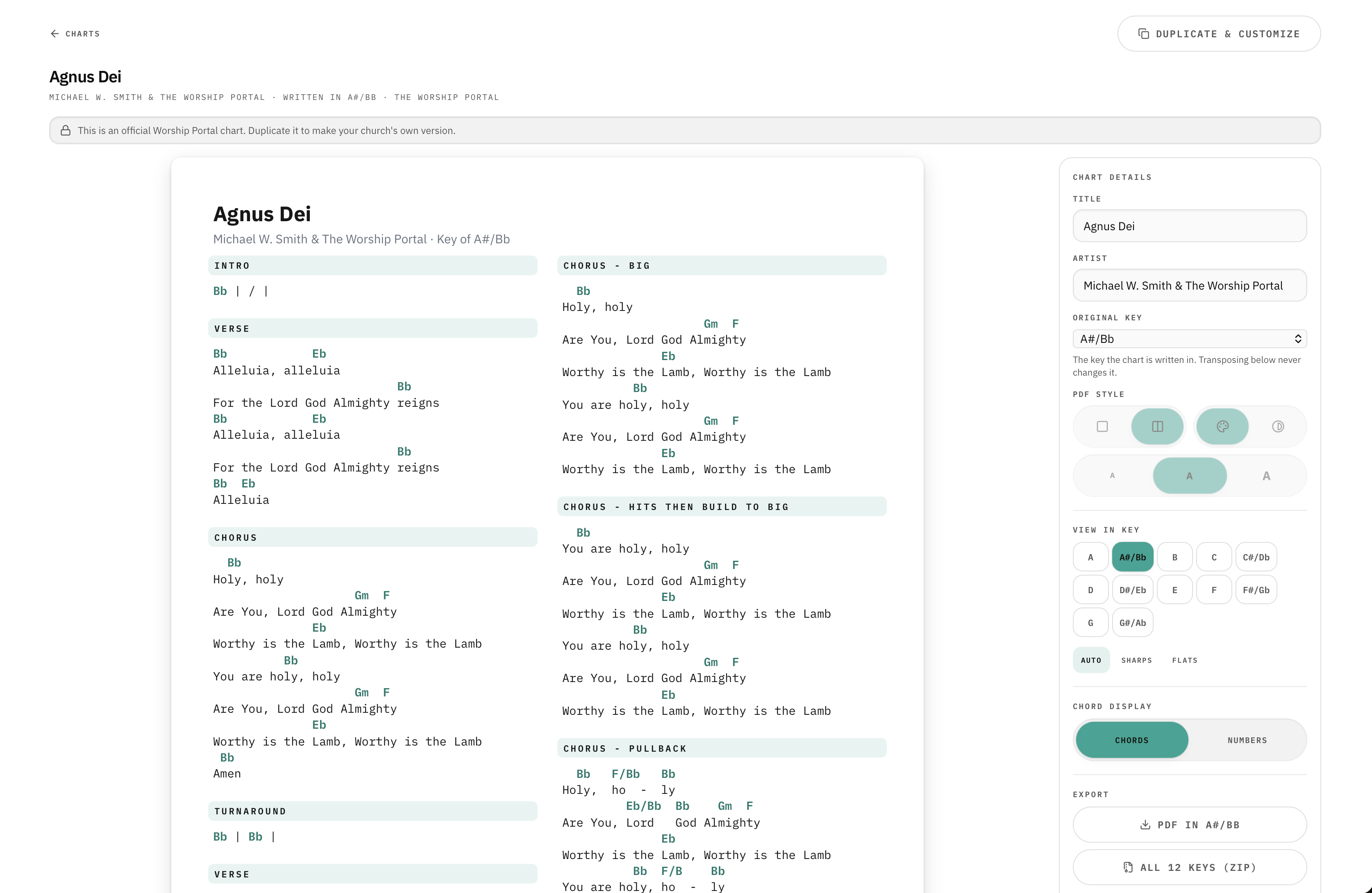 Chord Chart Builder in My Worship Portal showing lyrics and chords for a worship song.