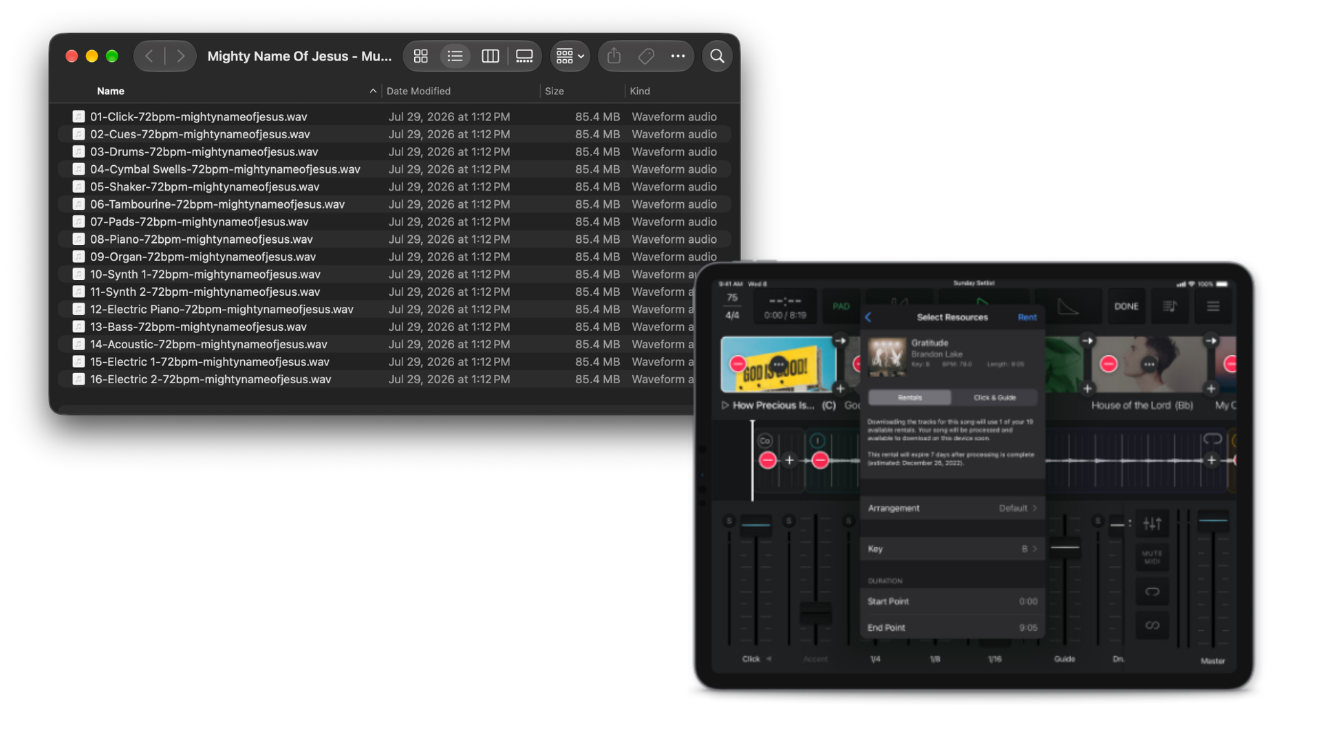 Comparison showing downloadable worship multitrack files used with independent playback software versus multitracks used within an integrated playback platform.