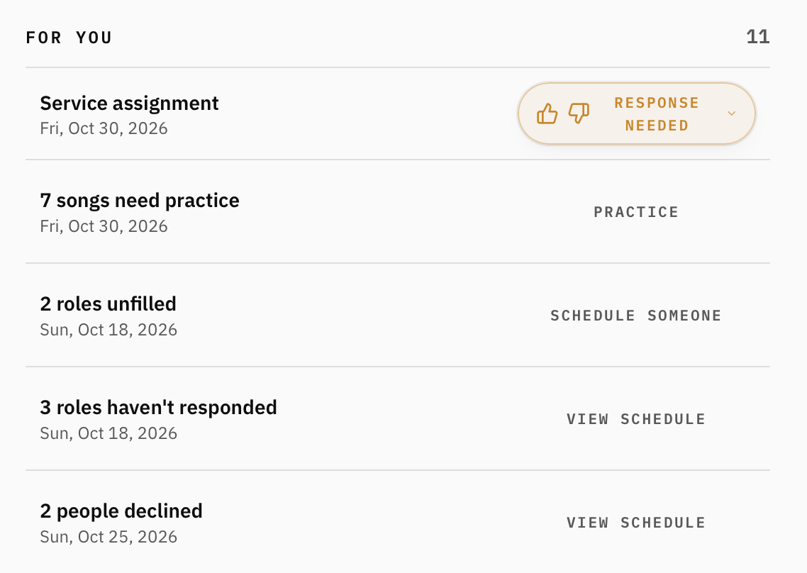 My Worship Portal's For You dashboard showing pending service assignments, songs needing practice, unfilled worship team roles, declined invitations, and quick actions to resolve them.