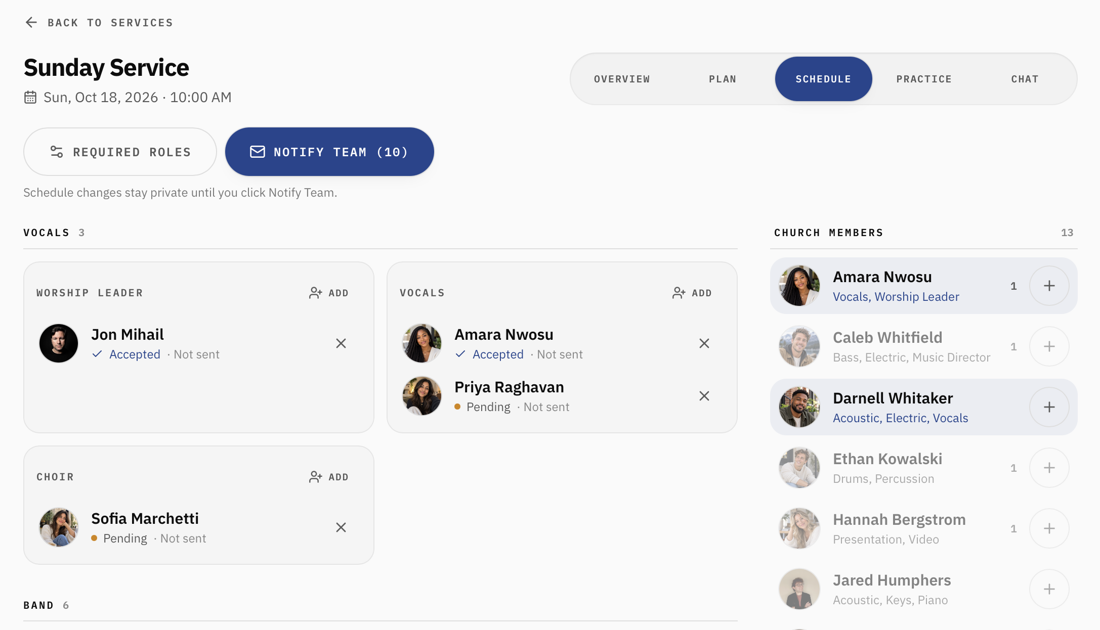 My Worship Portal Schedule tab showing worship team members assigned to vocal and band roles, assignment statuses, a church member list, and the Notify Team button.