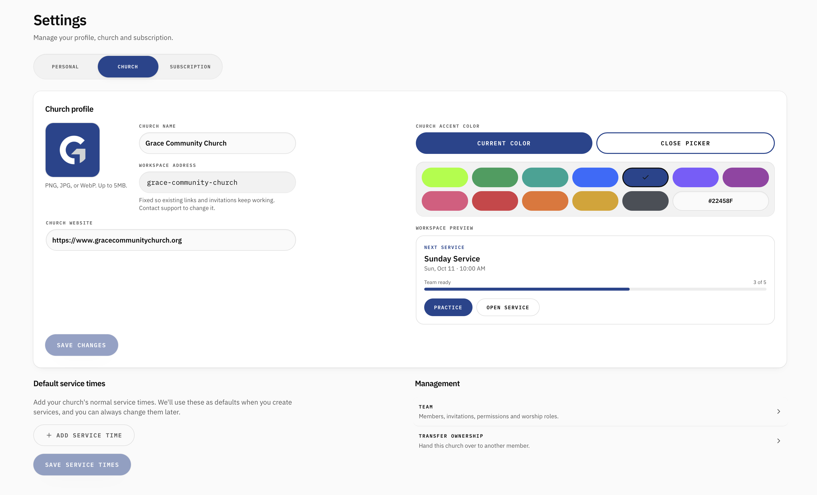 Settings screen for managing a church workspace in My Worship Portal.