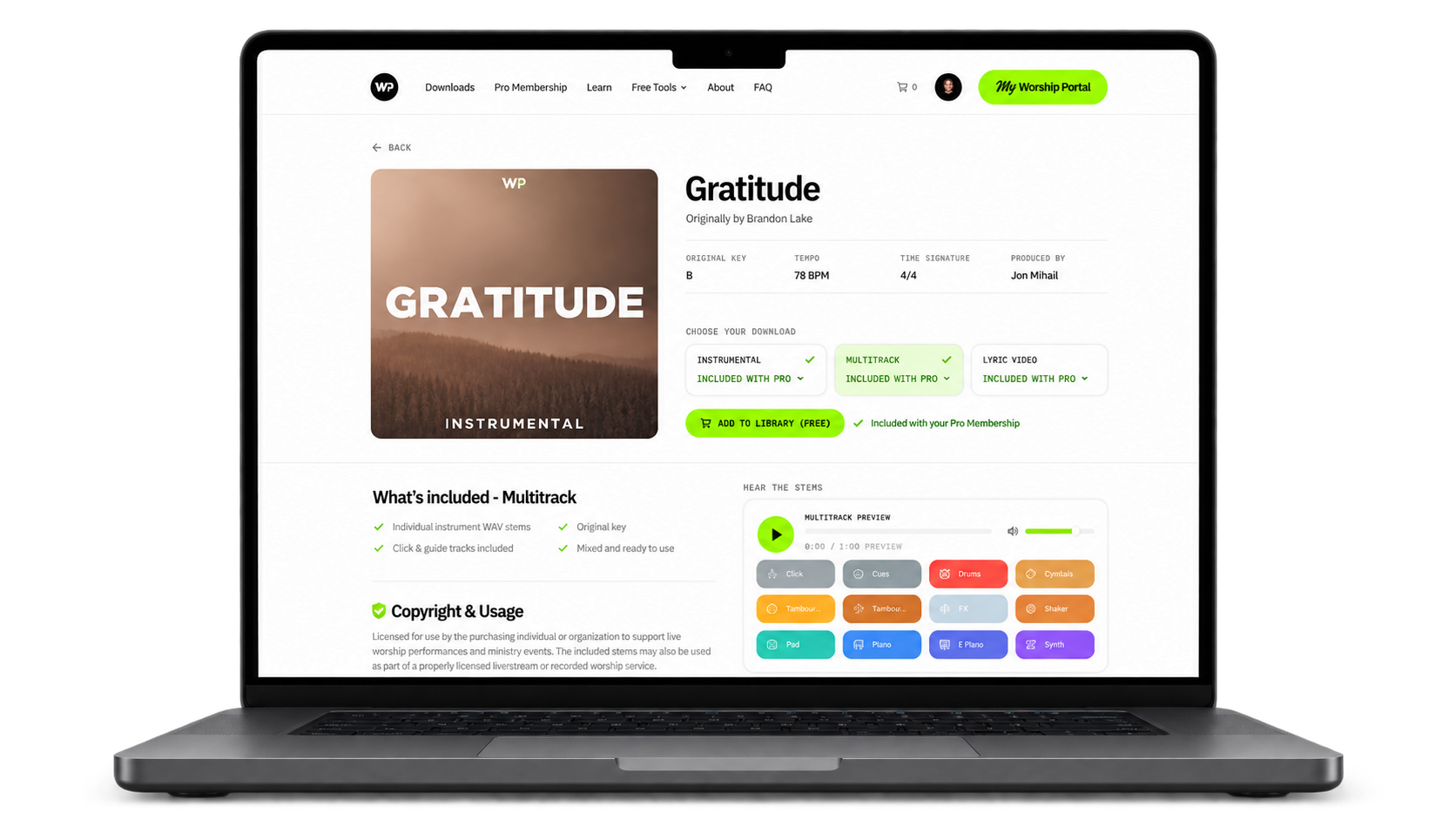 The Worship Portal song page showing downloadable instrumental, multitrack, and lyric video options.