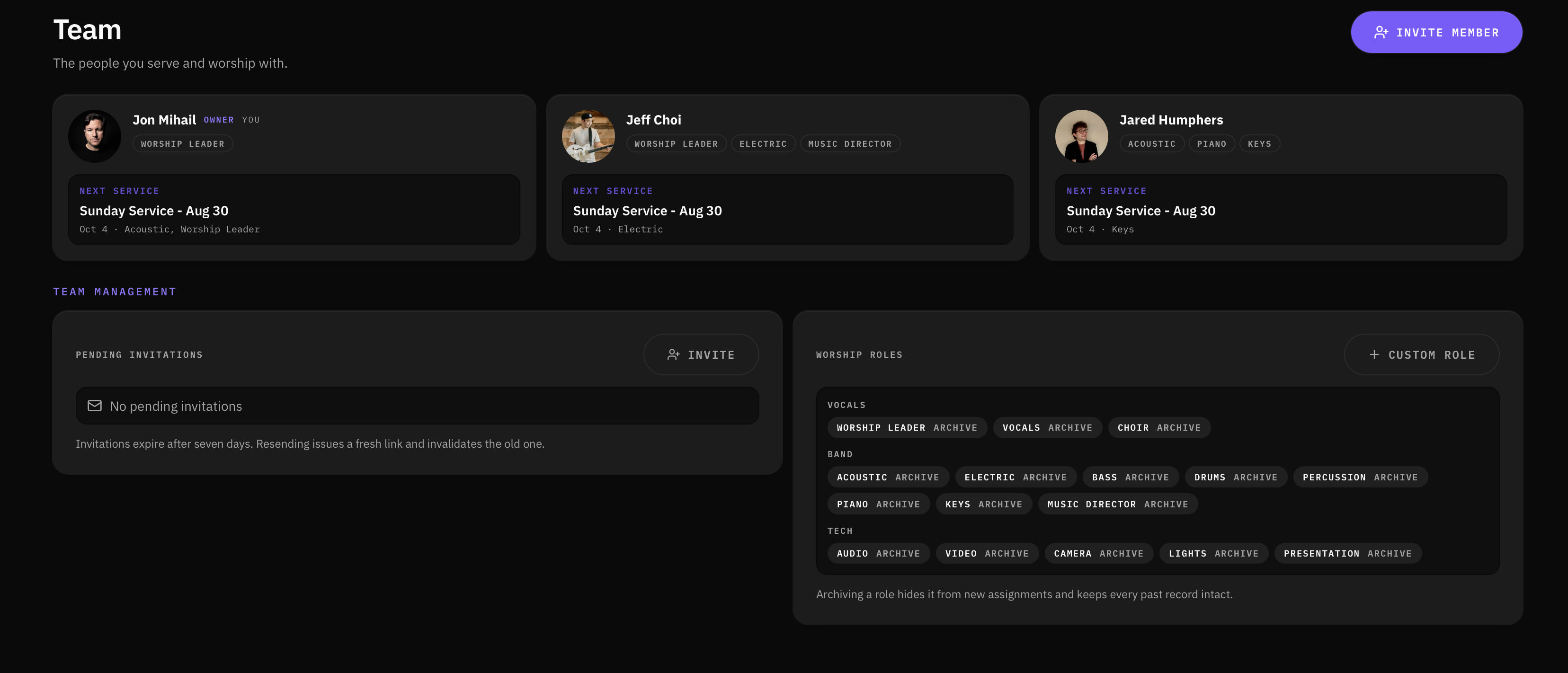Team management screen in My Worship Portal showing worship team members and their assigned roles.