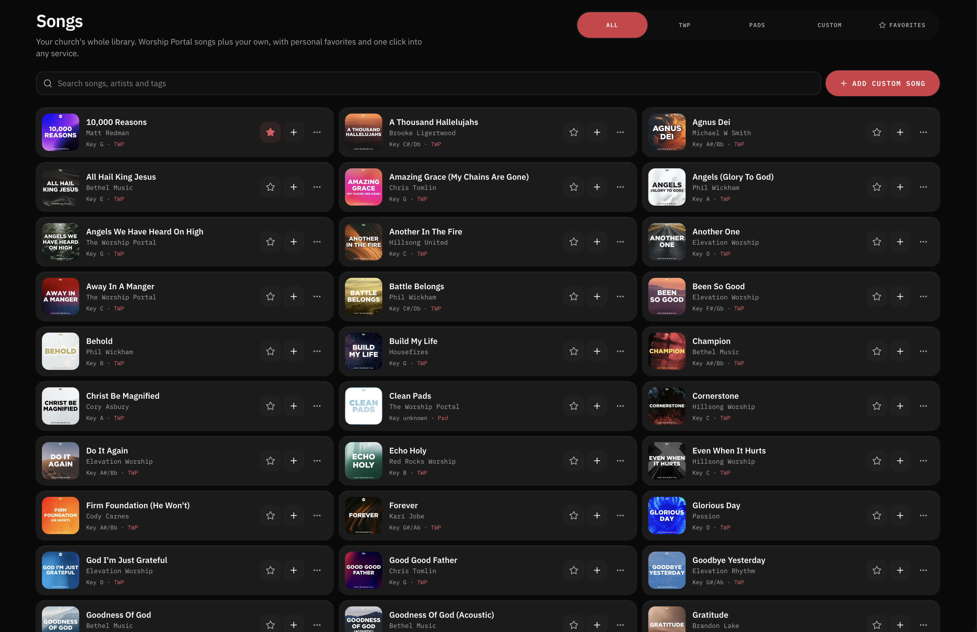 My Worship Portal song library containing worship songs and resources for a church worship team.